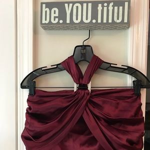 Wine color satiny halter gown with rhinestones